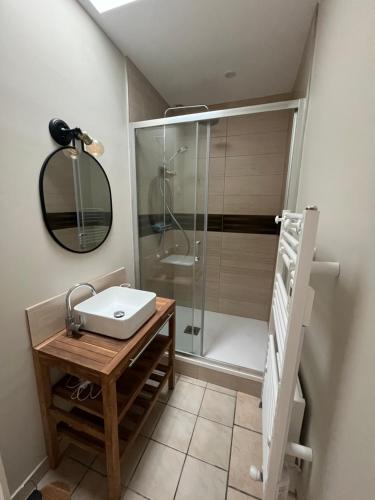 une salle de bain avec une douche avec un lavabo et un miroir dans l'établissement Gîte Le Phoenix entièrement neuf, à Wimereux