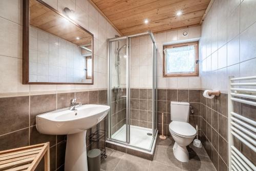 une salle de bain avec un lavabo, des toilettes et une douche dans l'établissement La Dalle Cachée, à Morzine