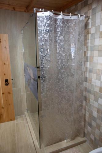 a shower with a glass door in a bathroom at Açores à Mesa House Casa do Terreiro in Terra Chã