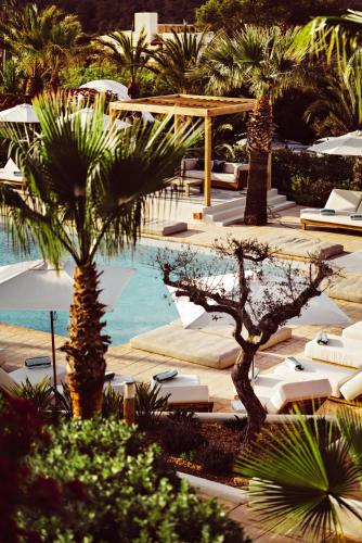 a resort with a pool with lounge chairs and palm trees at Petunia Ibiza, a Beaumier hotel in Cala Vadella