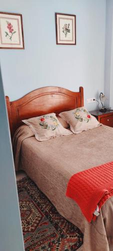 Una cama con cabecero de madera en un dormitorio. en Dúplex Buganvillas, en Los Amarguillos