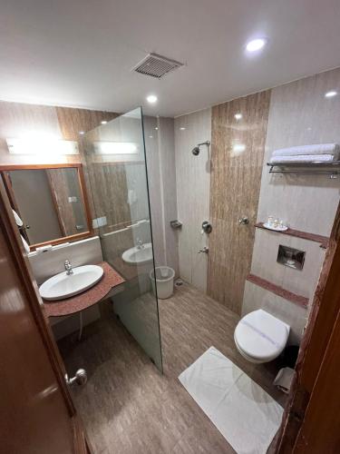a bathroom with a toilet and a sink and a shower at Hotel Padmini Palace in Rāni Pokhri