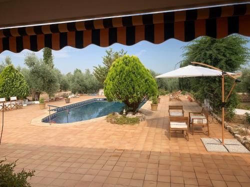 a view of a patio with a pool and an umbrella at Syvyle in Cazorla