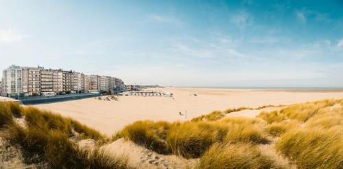 a beach with buildings and people on the sand at Studio Boniche 1 bedroom 1 slaapkamer in Zeebrugge