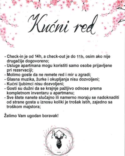 a flyer for a night red with pink flowers at Nara Apartment in Valjevo