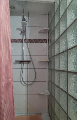 une douche avec pommeau de douche dans une salle de bain dans l'établissement L'oustal de pagat, à Les Hermaux