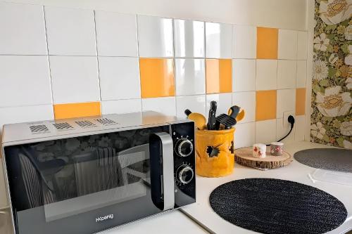 un micro-ondes posé sur un comptoir dans une cuisine dans l'établissement Levallois-Perret -Porte de Paris, à Levallois-Perret