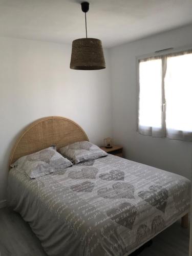 - une chambre avec un lit et une lampe pendant dans l'établissement La Grande-Motte Appt 4 personnes terrasse et parking privé, à La Grande Motte
