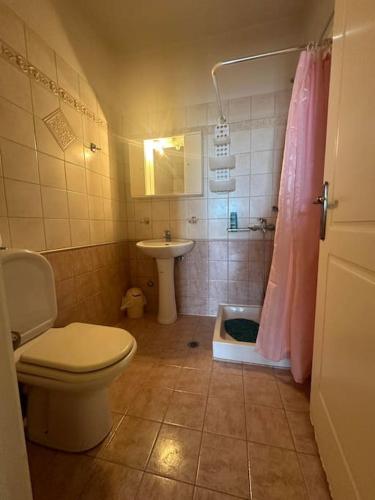 a bathroom with a toilet and a sink at Balcony of vari in Vári