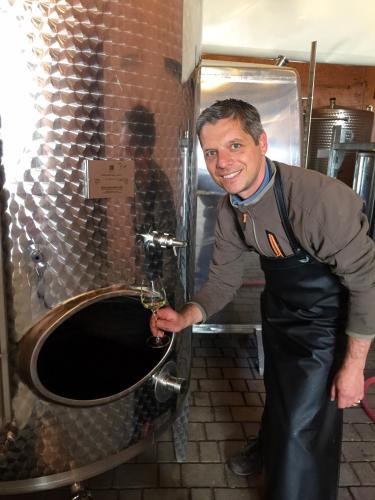 a man holding a glass of wine in a sink at Kräuterküche in Maring-Noviand