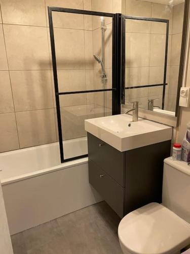 une salle de bain avec un lavabo, des toilettes et une douche dans l'établissement Studio cosy proche de Versailles, à Fontenay-le-Fleury
