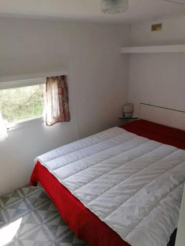 une chambre avec un grand lit avec une fenêtre dans l'établissement Bungalow cosy à Commequiers avec piscine partagée, à Commequiers