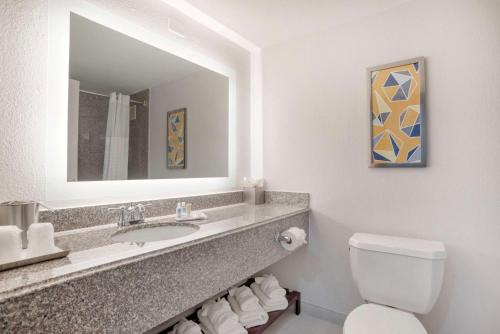 a bathroom with a sink and a toilet and a mirror at Comfort Inn & Suites New Orleans Airport North in Kenner