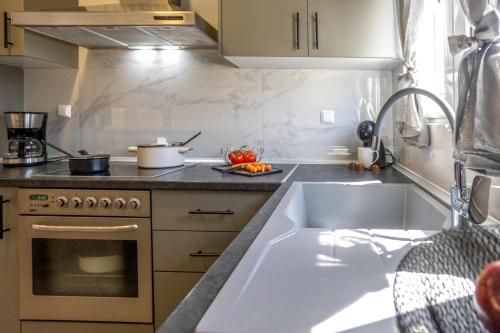 a kitchen with a sink and a stove at Foteini's central apartment in Néa Péramos