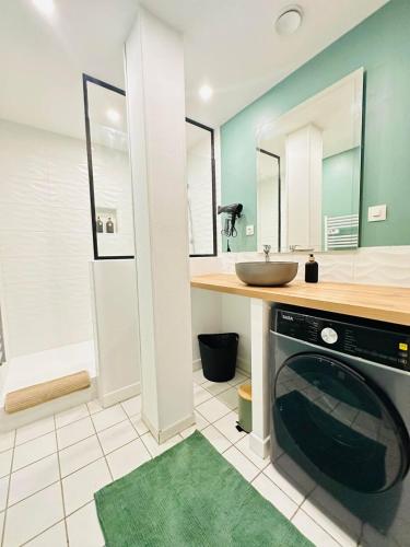 une salle de bain avec un lavabo et une machine à laver dans l'établissement Laon'Vert, à Laon