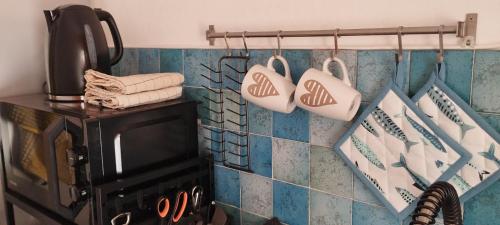 a kitchen with a stove with hearts on the wall at Al Duca San Pietro in Carloforte