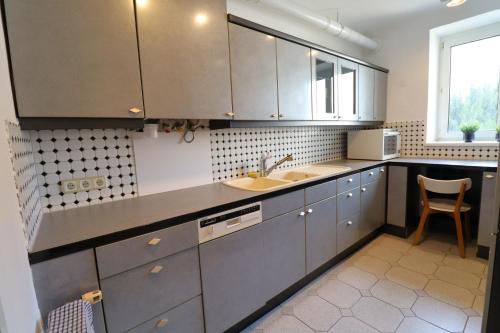 a kitchen with gray cabinets and a sink at Stadtjuwel Apartments 1020 Wien in Vienna