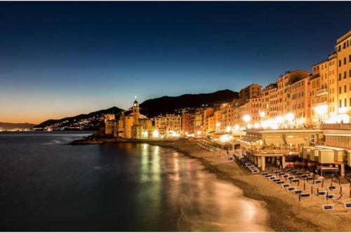 a city at night with lights on the water at attico spettacolare vista mare in Camogli