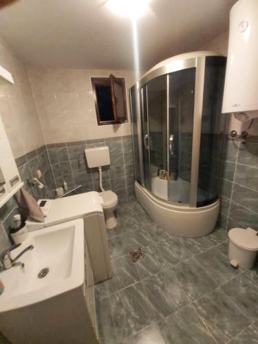 a bathroom with a sink and a toilet and a mirror at LB boka 216 in Mali Mokri Lug
