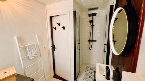 une salle de bain avec douche et miroir dans l'établissement Charmant T2 en coeur de ville 15min de Disney, à Lagny-sur-Marne