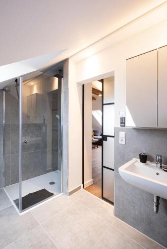a bathroom with a shower and a sink at Gemütliches Loft-Retreat in Treuchtlingen