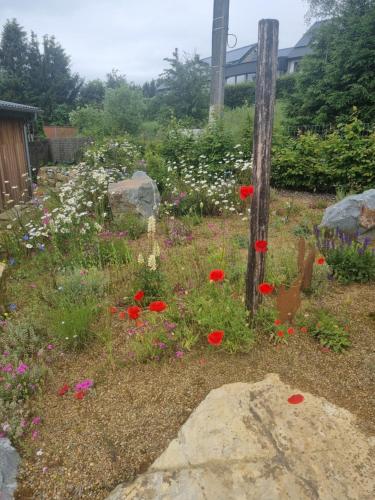 a garden with flowers and a wooden pole at LAC ABANE AU LAC in Butgenbach