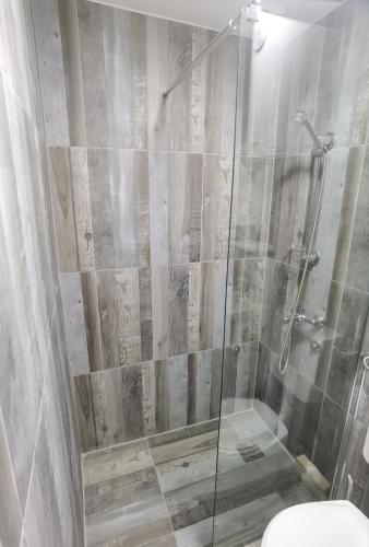 a bathroom with a glass shower with a toilet at Apartmani Račanka in Bajina Bašta