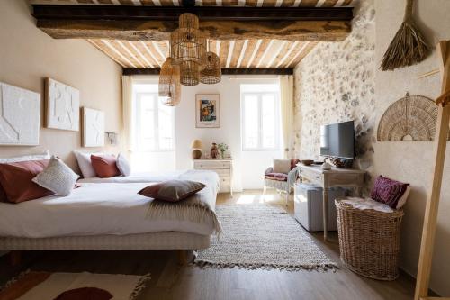 una camera da letto con un letto e una televisione di La Sanverine private room historic center Vence a Vence