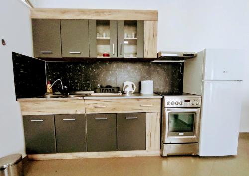 a kitchen with wooden cabinets and a white refrigerator at Predah Vranje in Vranje