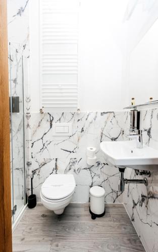 a bathroom with a toilet and a sink at Elegant Apartments in Poznań