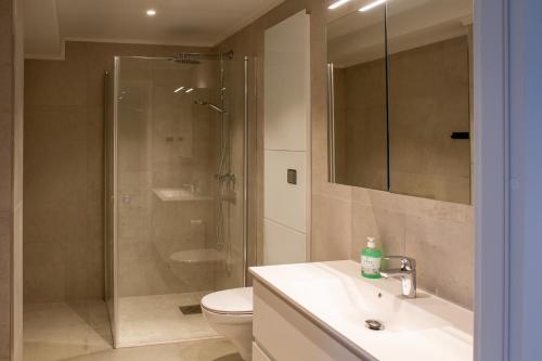 Un baño con ducha, lavabo e inodoro. en Avisgata Apartments, en Svolvær
