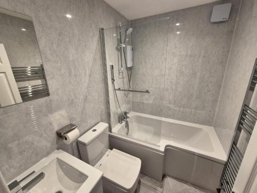 a bathroom with a toilet and a tub and a sink at St Patrick Square Main Door in Edinburgh