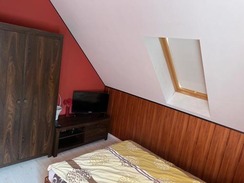 a bedroom with a bed and a tv in a room at Dom pod gwiazdami in Gamerki Wielkie