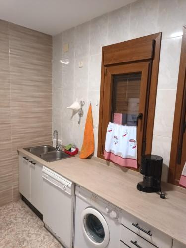 a kitchen with a sink and a washing machine at Casa Rural Las Canales in Zapardiel de la Ribera