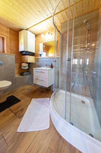 a bathroom with a shower and a bath tub at Chaty Snowflakes v Snowpark Lučivná in Lučivná