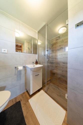 a bathroom with a toilet and a sink and a shower at Chaty Snowflakes v Snowpark Lučivná in Lučivná