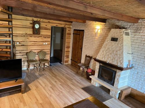 a living room with a fireplace and a tv at Dom pod gwiazdami in Gamerki Wielkie