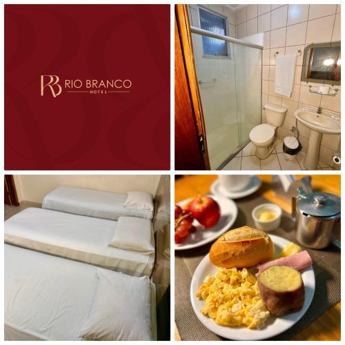 a collage of pictures with a bed and a plate of food at Hotel Rio Branco in Jequié