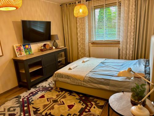 Ein Bett oder Betten in einem Zimmer der Unterkunft Żuławska Osada