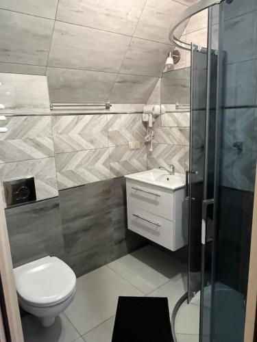 a bathroom with a toilet and a sink and a shower at Pokoje u Magdusi przy termach in Witów