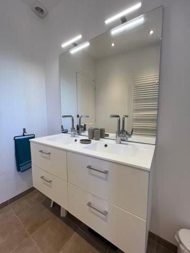a bathroom with two sinks and a mirror at Maison La vieille vigne in Dieulefit