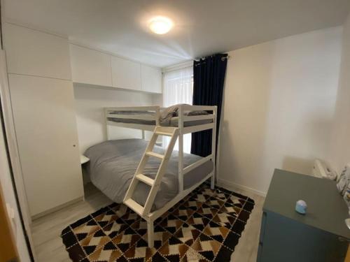 - une petite chambre avec des lits superposés et un tapis dans l'établissement Le Lion d'Or 6, joli T3 en plein centre de Châtel - Multipass inclu, à Châtel