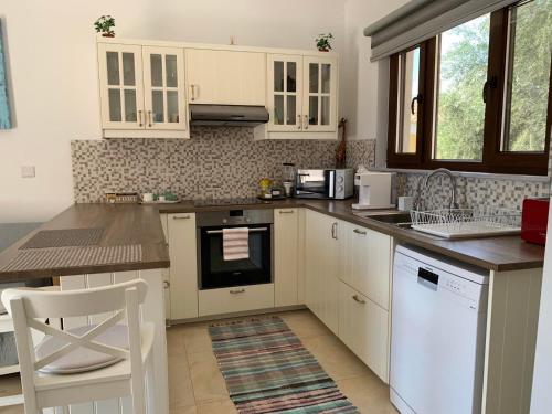 a kitchen with white cabinets and a counter top at Magnolia CAPTAINS HOUSE with A POOL in Limassol