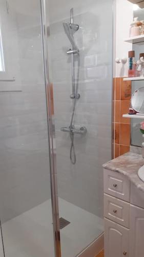 La salle de bains est pourvue d'une cabine de douche et d'un lavabo. dans l'établissement Charmant T2 CLIMATISE, avec jardins et parking privé, à Six-Fours-les-Plages