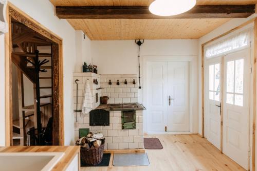 a kitchen with a stove in a room at Sielsko in Lipsko-Polesie