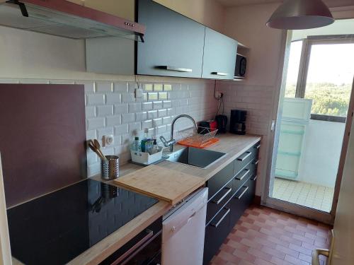 une cuisine avec un évier et un plan de travail dans l'établissement Beau T2 au Port de La Grande Motte avec Parking Privé - FR-1-716-3, à La Grande Motte