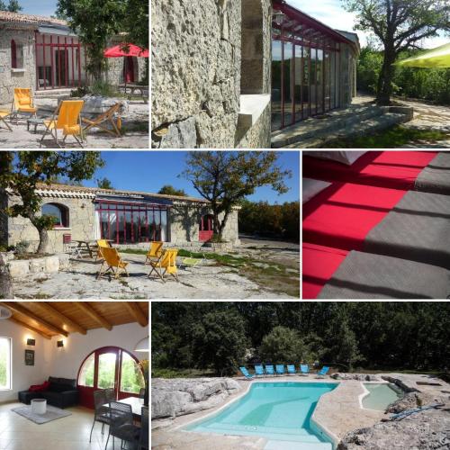 un collage de photos d'une maison et d'une piscine dans l'établissement Hébergement insolite en pleine nature & piscine 2 à 11 p - Gites Les Princes à LANAS, à Lanas
