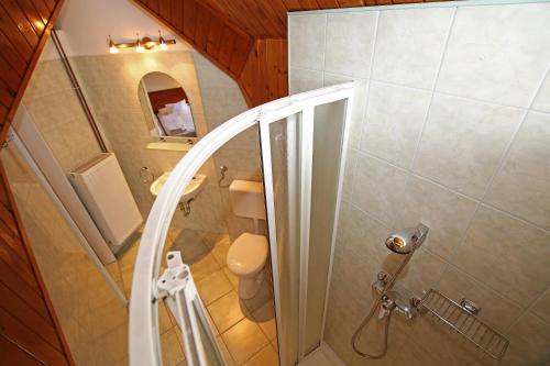 a small bathroom with a shower and a toilet at Hotel Főnix in Pécs