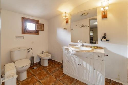 a bathroom with a toilet and a sink and a mirror at Laguna Herrera in Campo de Cuéllar