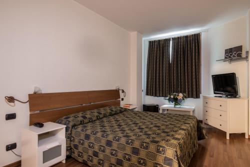 a hotel room with a bed and a television at Hotel Porta Del Sole in Soiano del Lago